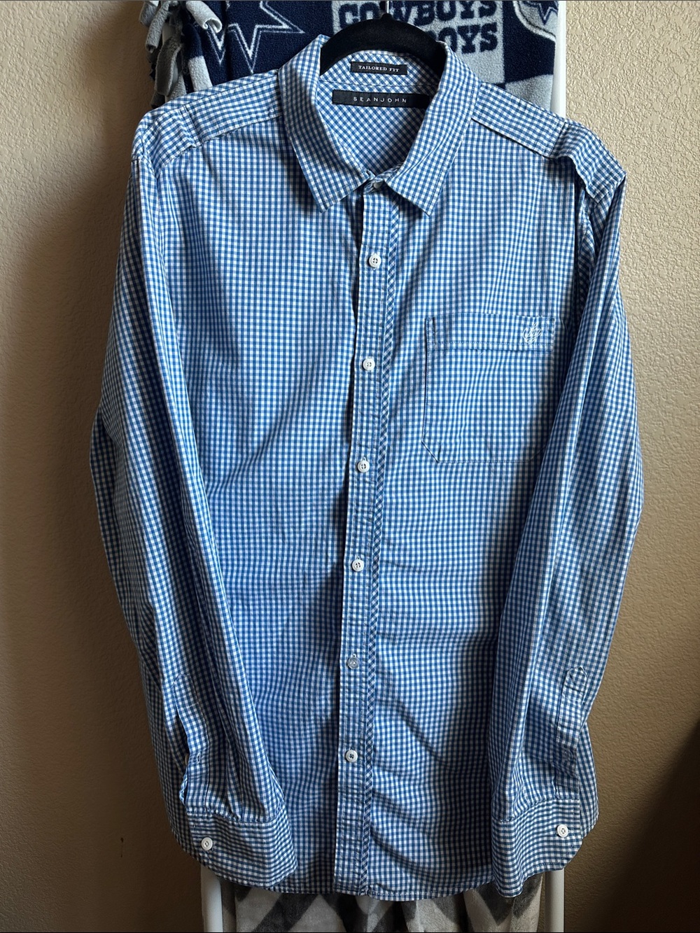 Vintage Sean John Tailored Fit Light Blue and White Gingham Button-Down Shirt